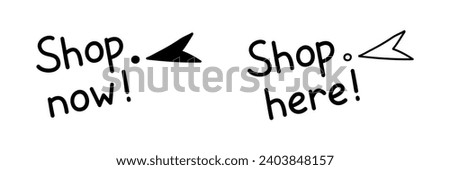 Doodle click shop now here button. Mouse cursor for website or computer application, hand drawn vector arrow pointer