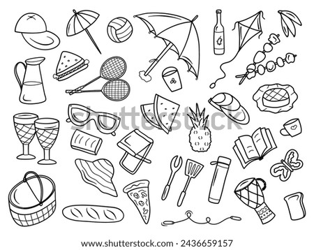 Picnic doodle set with summer hand drawn elements. Outdoor family lifestyle with barbecue in the garden with food and drink