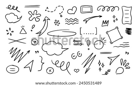 Sketch underlines, emphasis, icons, speech bubbles, arrows and shapes. Hand drawn brush stroke, highlight, underline, sparkle element. Vector illustration on white background