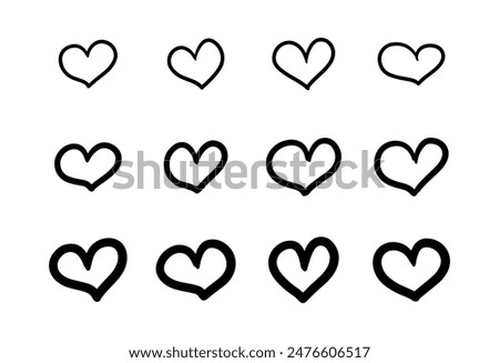 Doodle heart shape vector set in different sizes. Hand drawn love illustration for romantic or wedding design, invitation, poster.