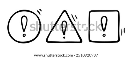 Doodle exclamation mark, notification bell, alert danger information sign set. Scribble hand drawn doodle exclamation point, stop warning sign in circle, triangle, square form