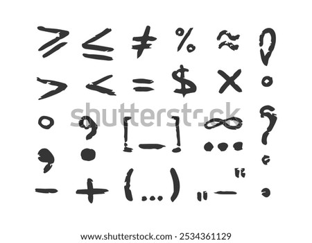 Chalk punctuation marks, charcoal symbols by pencil, hand drawn lines, parentheses, plus, minus, more, less, question and exclamation marks, infinity, comma, dot, percentage, lines. Grunge crayon