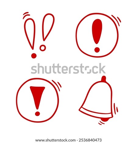 Doodle exclamation mark, notification bell, alert danger information sign set. Scribble hand drawn red doodle exclamation point, stop warning sign.