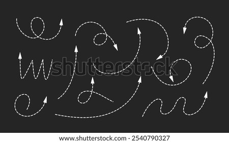 Dot lines and arrows. Set of hand drawn thin dash line arrows. Collection of curved pointers on black background. Dot vector pointers in different directions.