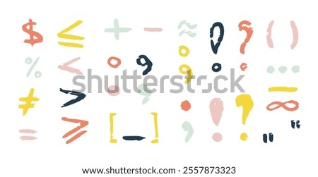 Chalk color punctuation marks, charcoal symbols by pencil, hand drawn lines, parentheses, plus, minus, more, less, question and exclamation marks, infinity, comma, dot, percentage, lines. Grunge