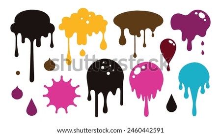 Dripping stain. Silhouette drip oil, black melting paint liquid, ink drop. Border melted sweet dessert, ice cream, sauce. Splash, splatter elements isolated. Vector set.