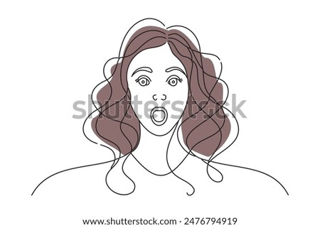 shocked woman, doodle continuous line art vector illustration