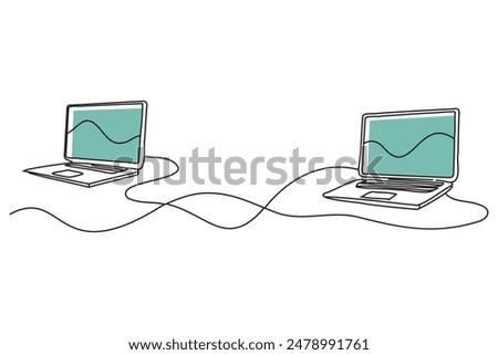 Remote work computer to other computer, doodle continuous line art vector illustration