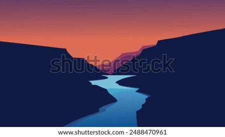 The sun sets over a river and waterfall in Iceland flat vector illustration