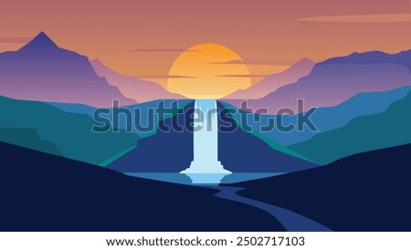 Morning view of Seljalandfoss Waterfall on Seljalandsa river in summer. Colorful sunrise in Iceland, Europe flat vector illustration