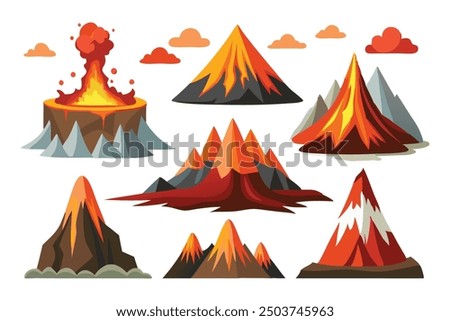 Volcano, showcasing its conical shape Vector illustration set on white background