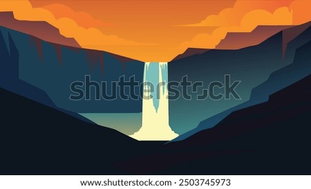 Splendid morning view of famous Svartifoss (Black Fall) Waterfall. Colorful summer scene in Skaftafell, Vatnajokull National Park, Iceland, Europe flat vector illustration.