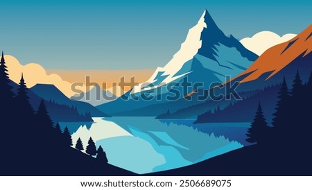 Sunny summer morning on the Grindjisee lake. Splendid view of Swiss Alps, Zermatt location, Valais canton, Switzerland, Europe flat vector illustration