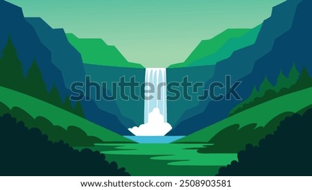 Majestic waterfall cascades down amidst a lush green field, creating a stunning natural landscape flat vector illustration