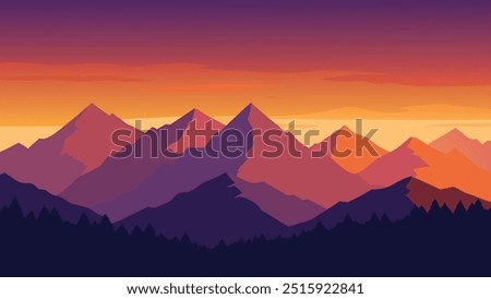 Mountain range silhouetted against a vibrant sunset sky filled with hues of orange, pink, and purple flat vector illustration