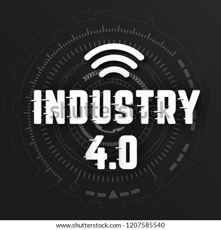 Industry 4.0 with wifi logo on black background with global wireless network line link transmission. Digital transformation and technology concept. Massive future device connection high speed internet