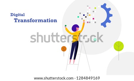 Digital transformation flat design background. Human fill in pixel data sticker to industrial gear train. Industry 4.0 and technology concept.
