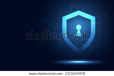 Futuristic blue shield ethics and privacy protection abstract technology background. Artificial intelligence digital transformation and Business quantum internet network communication and Antivirus