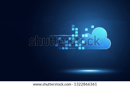 Futuristic blue cloud with pixel digital transformation abstract new technology background. Artificial intelligence and big data concept. Business industry 4.0 and 5g wifi data storage communication. 