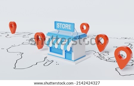 Store shop with location pin as franchising of famous branding on the white map background. Business startup owner and entrepreneur communication information concept. 3D illustration rendering Сток-фото © 