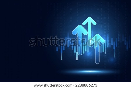 Futuristic raised triple-up arrow chart with candlesticks digital transformation abstract technology background. Big data and business growth currency stock and investment economy. Vector illustration