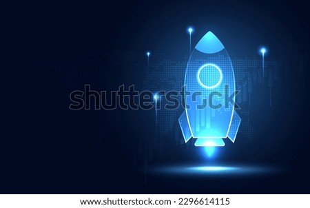 Futuristic blue glowing rocket launching candlesticks chart digital transformation abstract technology background. Business growth currency stock market share investment economy. Vector illustration