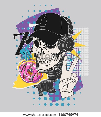 Poster in the style of Zune Culture. Bright collage with human skull in cap and headphones, donut and hand gesture 