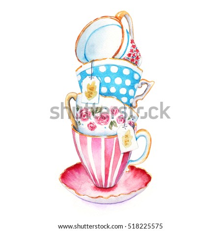 The clip-art tea cups to design menus or postcards. Watercolor illustrations in the style of the country. Isolated on white background. Hand drawn painted. Closeup.