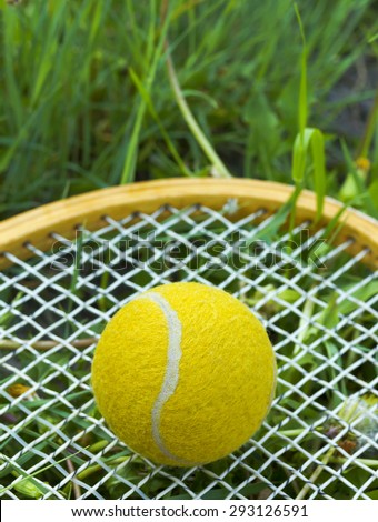 Yellow tennis ball is on the racket in the grass.