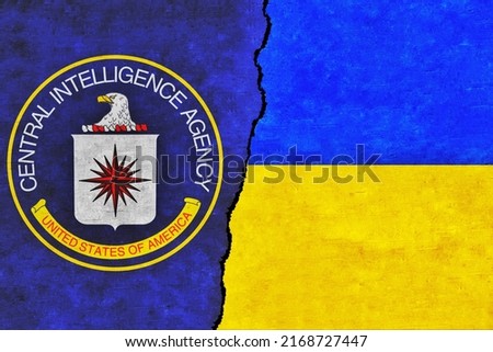 Ukraine and CIA painted flags on a wall with a crack. Ukraine and CIA relations. US Central Intelligence Agency and Ukraine flags together Zdjęcia stock © 