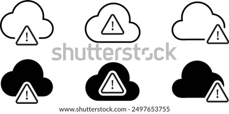 Cloud alert icon, cloud failure icon. Minimal cloud shape with exclamation mark. Disconnect, error or broken communication with database concept. Cloud computing