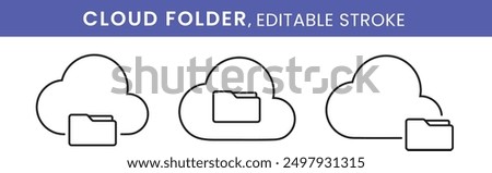 Cloud folder icon. Vector clouds with document folder. Cloud data storage, access of files concept. Thin line editable stroke icon.