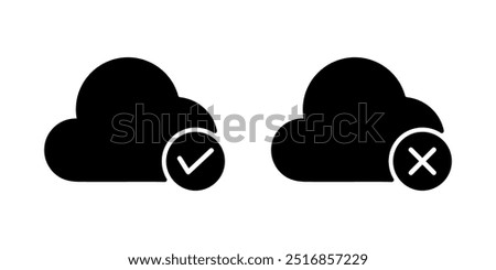 Cloud with check mark and cloud with cross mark icon. Cloud data approve, done and cloud data error, denied, fail concept solid black icon vector