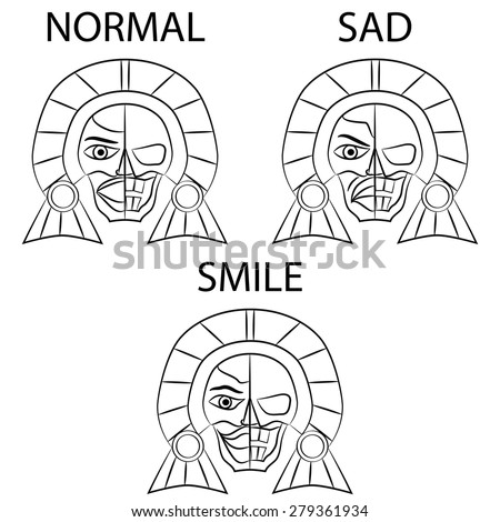 a set of black and white masks of the Aztecs with normal emotions , sad and smiling on a white background