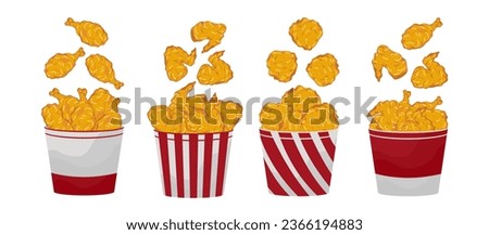 Cartoon set of crispy fried chicken splashing out of the bucket in 4 different ways. Side view. Crunchy fast food, wings, thighs, thighs, delicious fried chicken dishes. Frame vector illustration.