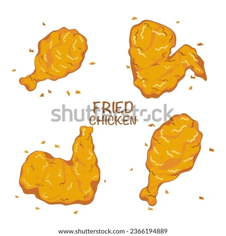 Cartoon set of 4 crispy fried chicken, thigh meat, chicken wings, crunchy fast food delicious food menu inverter illustration.