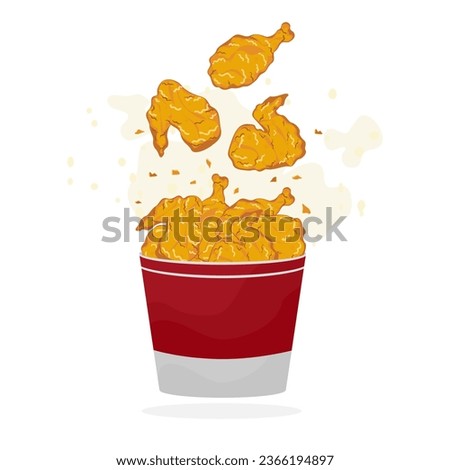 Cartoon set of crispy fried chicken splashing out of the bucket side view Crunchy fast food, beef thighs, thighs, wings, delicious fried chicken dishes. Frame vector illustration.