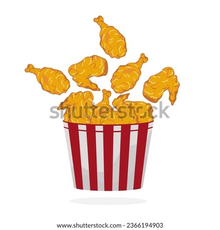 Cartoon set of crispy fried chicken splashing out of the bucket side view Crunchy fast food, wings, thighs, thighs, delicious fried chicken dishes. Frame vector illustration.