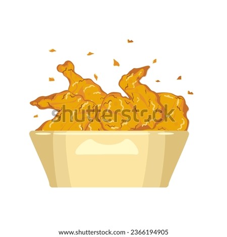 Cartoon set of crispy fried chicken, thigh meat, and wings in a paper cup side view Crunchy fast food delicious food menu inverter illustration.