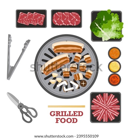 Grilled meat and crispy vegetables, top view buffet food carved design Cartoon style vector illustration restaurant menu design template food on the grill Isolated on the background, easy to edit.
