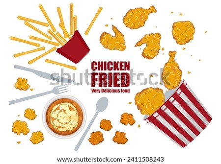 Set of delicious fast food illustrations. Fried chicken bucket. Fried chicken legs. Cute chicken cartoon style. Isolated on a white background for poster design, and advertisement.