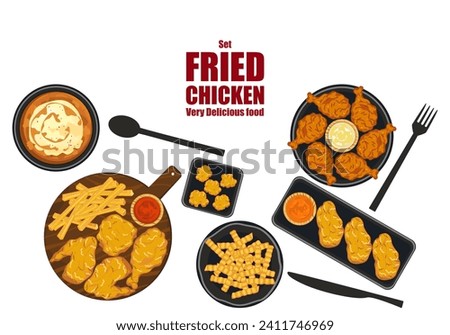 Set of delicious fast food illustrations. Fried chicken bucket. Fried chicken legs. Cute chicken cartoon style. Isolated on a white background for poster design, and advertisement.