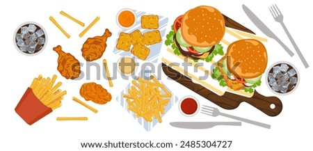 Fast food set with fast food restaurant menu Set of hamburgers, chicken pops, fried chicken wings, french fries, nuggets, soft drinks, fried chicken isolated objects on background for poster design.