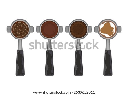 Set of vector illustrations making fresh coffee drinks. Fragrant roasted and ground coffee beans. Coffee tamper. Top view. Isolated on white background. For designing food and drink menus, coffee shop