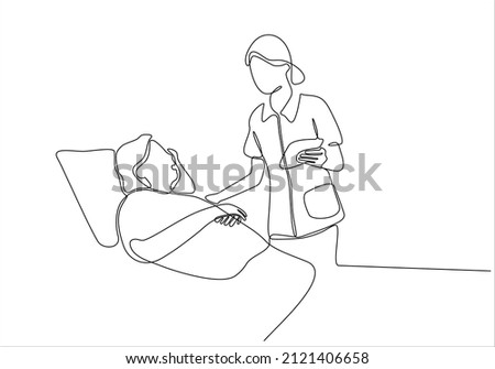 
continuous line of nurse caring for senior patient in care vector illustration