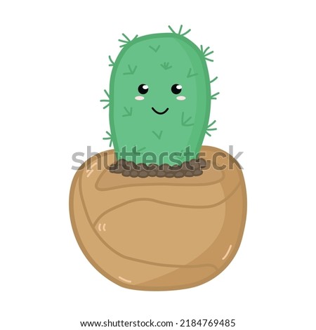 Hand drawn cute cartoon cactus with stines in round pot doodle style, vector illustration isolated on white background. Nature plant, decorative design element for print or web