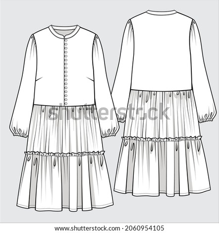 TECHNICAL SKETCH OF MIDI DRESS FOR WOMEN IN VECTOR FILE