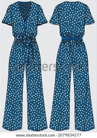 FRONT OPEN JUMPSUIT IN IRREGULAR POLKA DOT WITH SELF FABRIC IE UP FOR WOMEN AND TEEN GIRLS IN EDITABLE VECTOR FILE Imagine de stoc © 