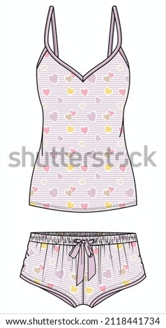 COLORFUL HEART PRINTED CAMI AND BOYSHORTS MATCHING NIGHTWEAR SET FOR WOMEN AND TEEN GIRLS IN EDITABLE VECTOR FILE