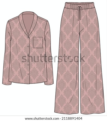 SHAWL COLLAR TOP WITH WIDE LEG BOTTOM SATIN MATCHING PYJAMA SET FOR WOMEN IN EDITABLE VECTOR FILE